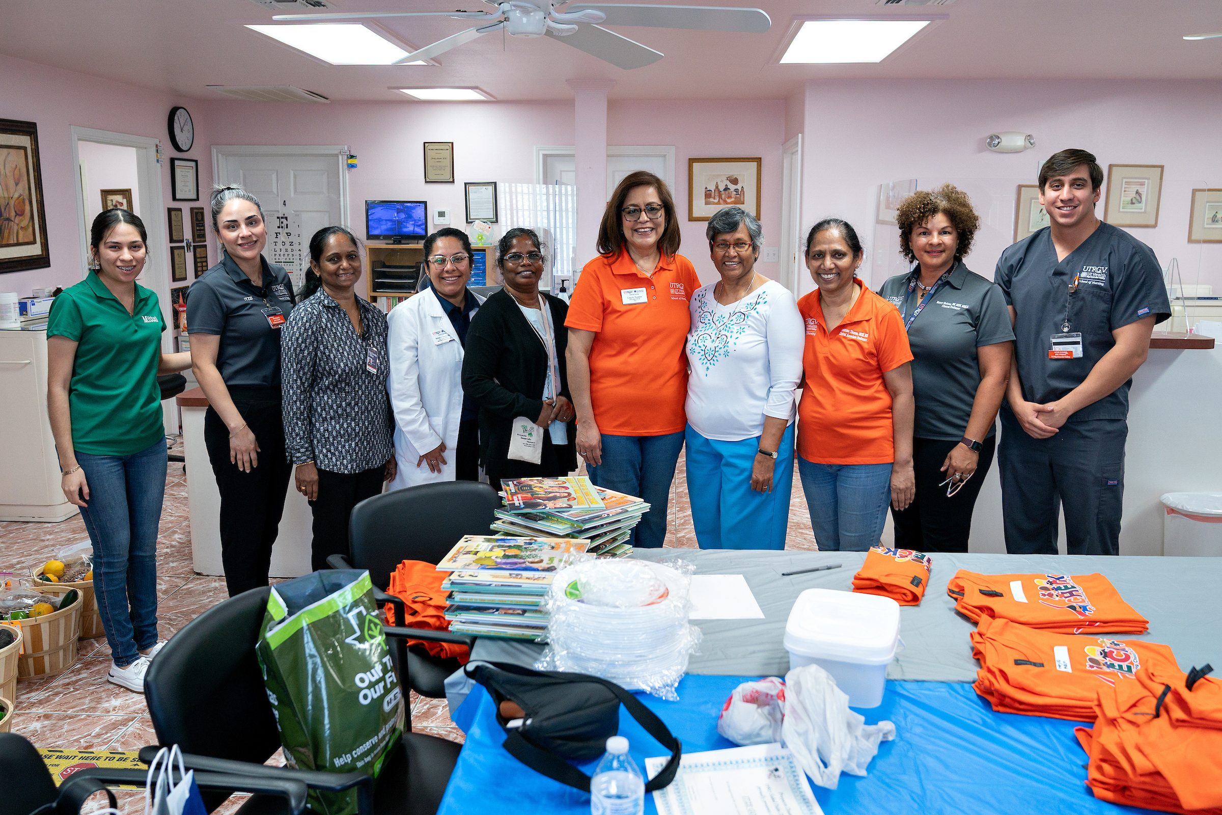 Sister Fatima Santiago, executive director of Proyecto Desarrollo Humano, stands with UTRGV nursing students, Dr. Lilia Fuentes, who leads the CHECK program, and Susamma Thomas, clinical associate professor, who has led the McAllen chapter of the DREAMS project since 2017.