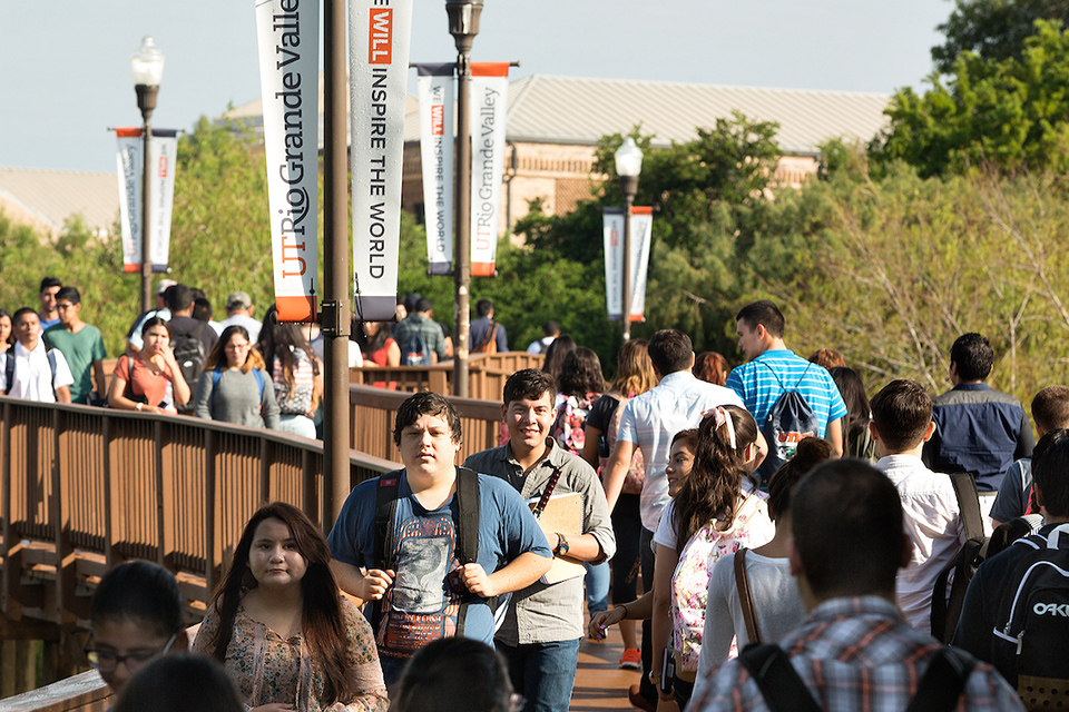First day of school on Aug. 31, 2015. Students walk across the bridge at Brownsville Campus.