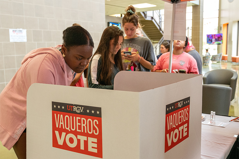 UTRGV student for the referendum in 2021 to bring collegiate football, women's swimming and diving, marching band and drill team to UTRGV. 