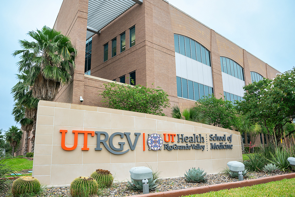 Image of a brick sign with the logos UTRGV UT Health RGV and School of Medicine