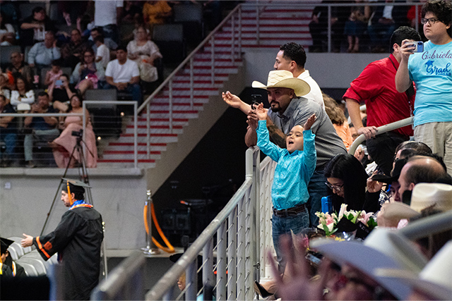 Family members cheer from the stands during Spring 2026 commencement ceremonies on May 15, 2026, at Bert Ogden Arena in Edinburg as graduates from The University of Texas Rio Grande Valley crossed the stage to celebrate the completion of their degrees.