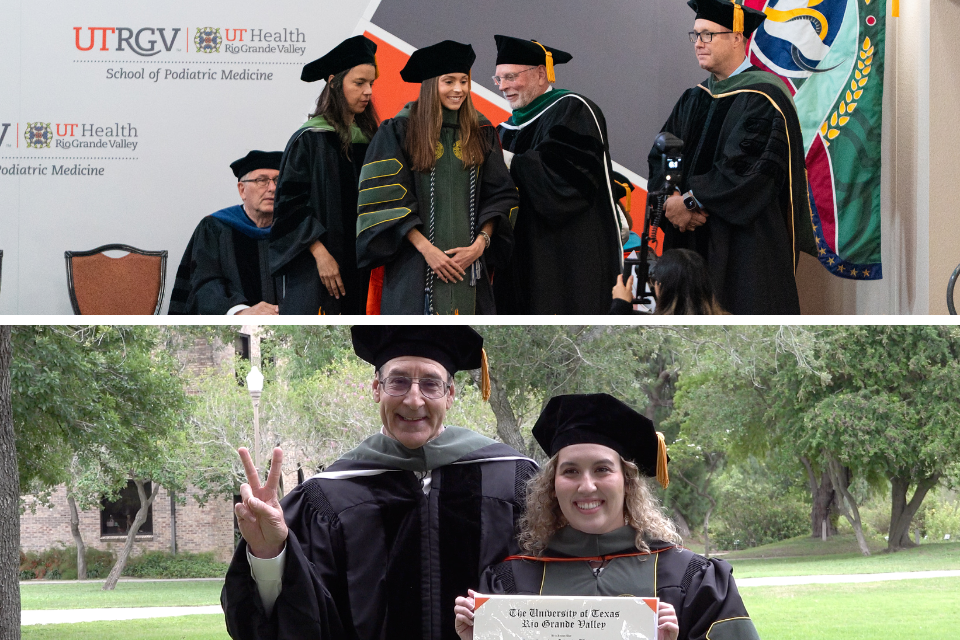 Graduation ceremony scene with faculty in academic regalia placing a doctoral hood on a graduate, alongside a second photo of a graduate holding a diploma and posing with a faculty member outdoors.