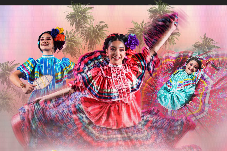 A colorful promotional-style image featuring three views of a person in traditional folklórico-style attire posed against a pink background with faint palm trees. 