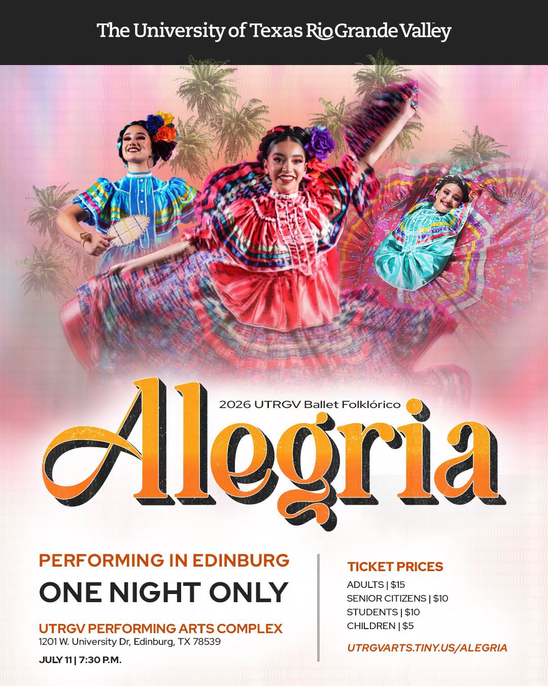 A colorful promotional-style image featuring three views of a person in traditional folklórico-style attire posed against a pink background with faint palm trees.