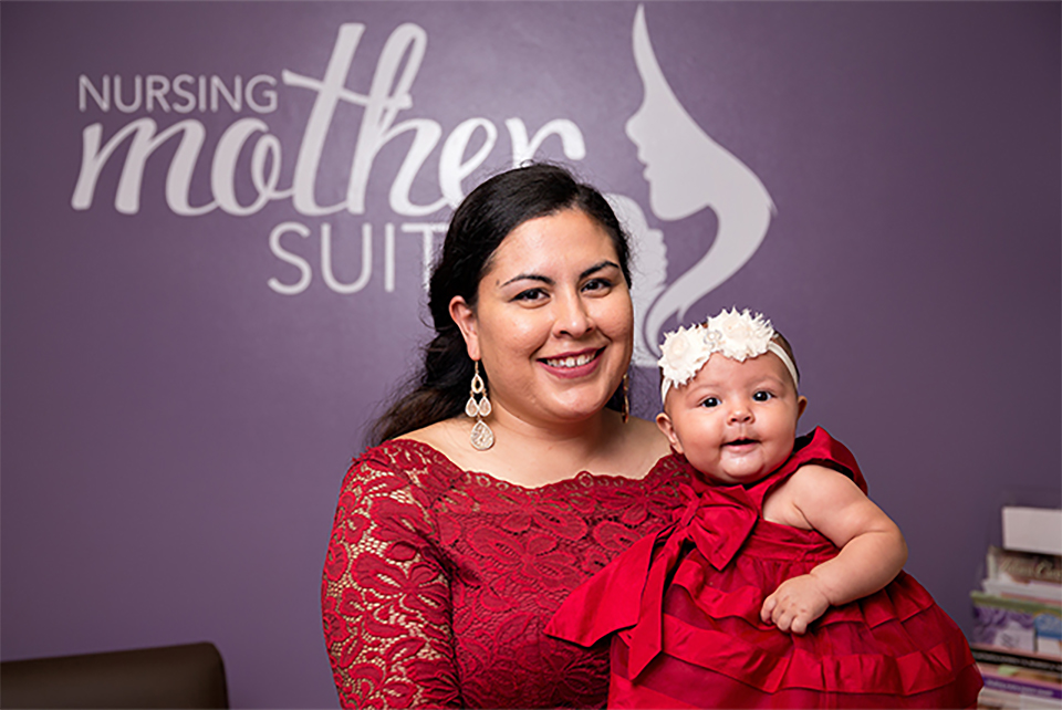 Lizette Leal, International Programs specialist in the UTRGV Office of Global Engagement, shown here with baby Mia, makes full use of the university’s Mother-Friendly Worksite suites. The program provides nursing mothers with specially designated rooms that allow staff, faculty or student moms a safe, clean, private place to breastfeed or pump breast milk. Leal says being able to pump onsite during a workday eases her stress, helps her bonding process with her 5-month-old daughter, and has substantial benefits for the baby. (UTRGV Photo by Paul Chouy)