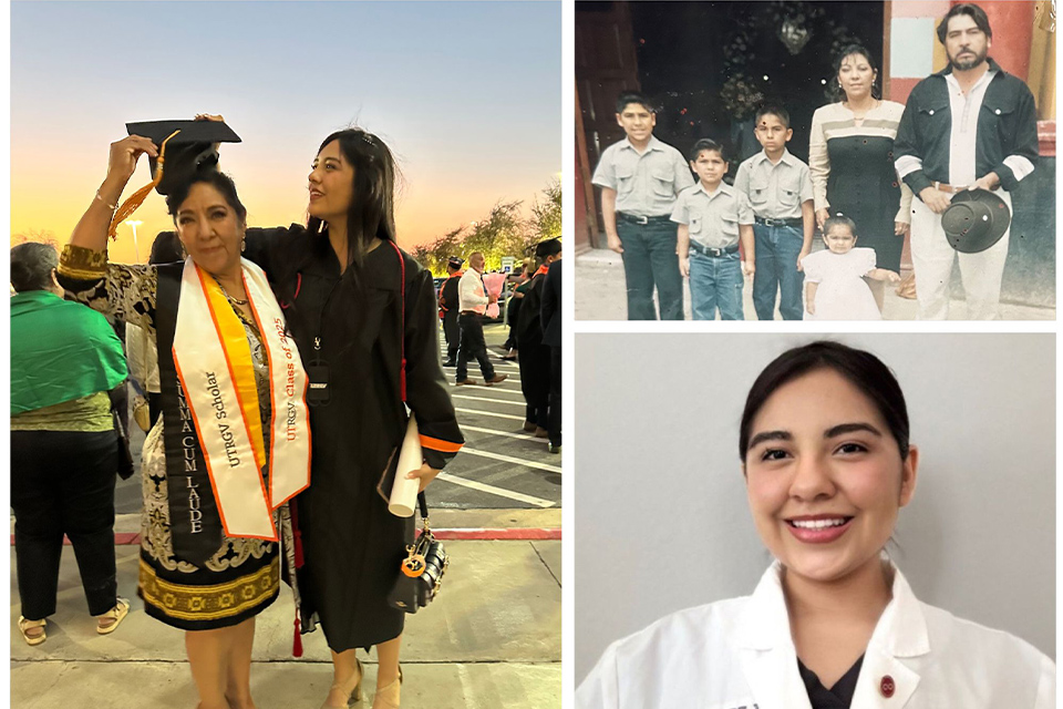 A collage of photos that includes a vintage family photo of six, another photo with a mom and daughter at a graduation and another of a female in a white coat posing for a photo. 