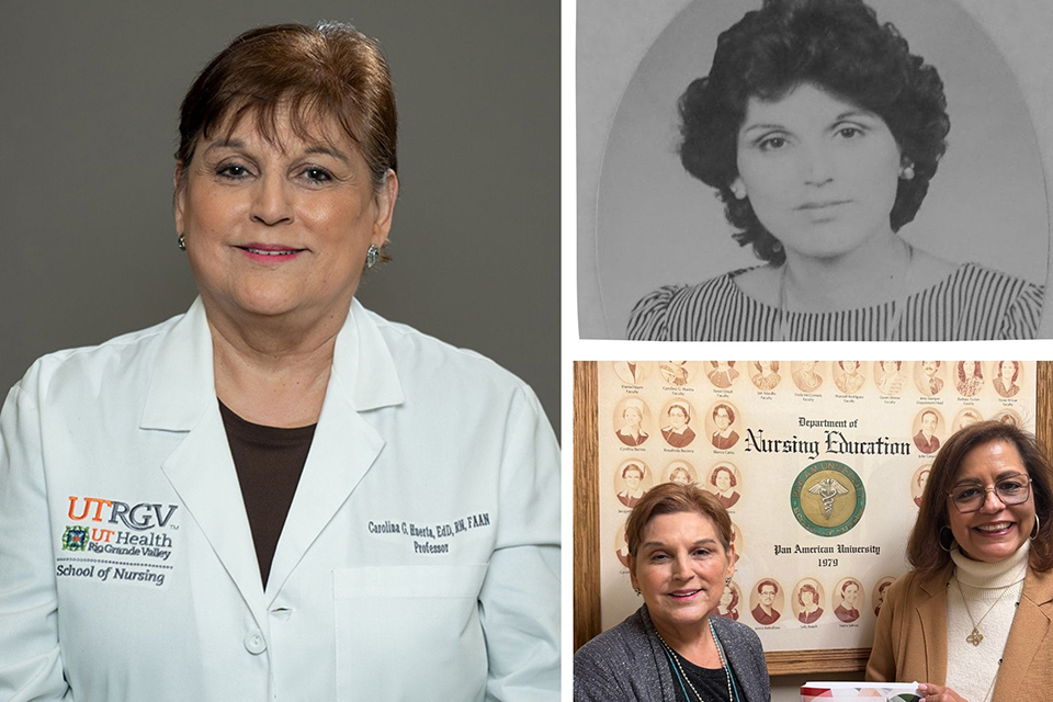A collage of photos featuring a female from year 1985 to present. Representing her 53 years of work. Includes a black and white photo.