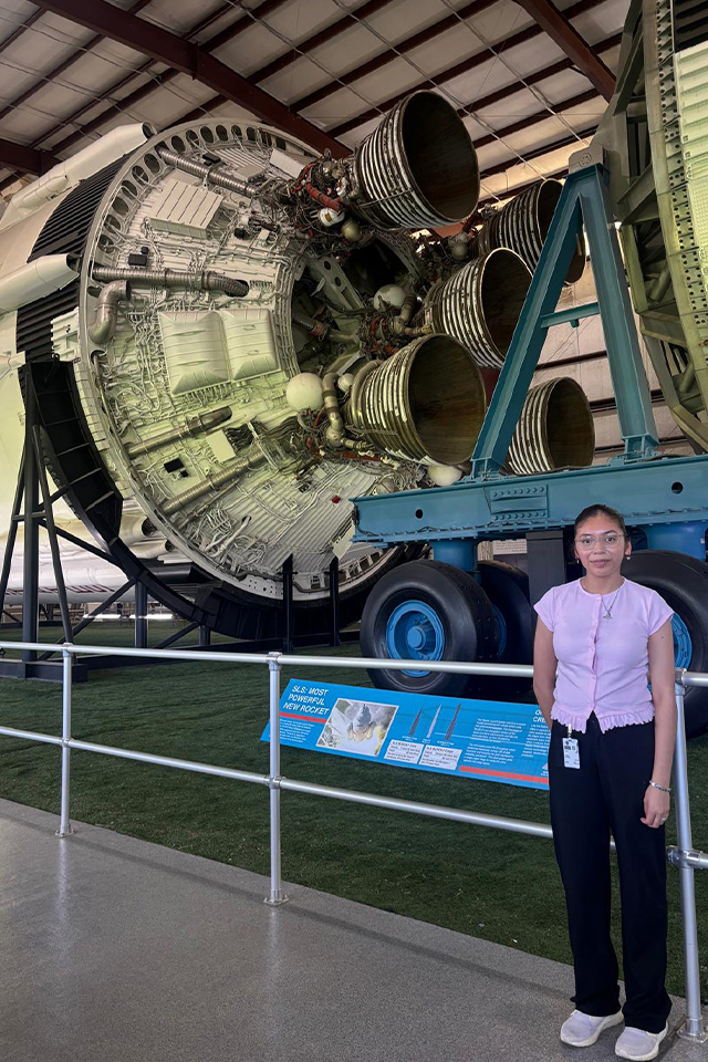 Lauren Sánchez, a UTRGV senior biology major, at NASA’s Johnson Space Center in Houston during her 2025 summer internship.