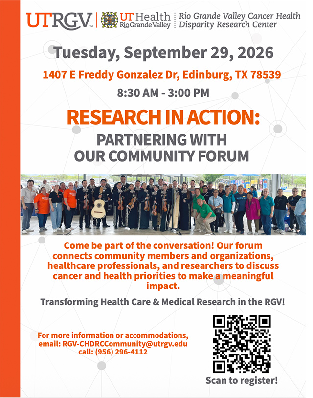 Flyer for the Research in Action: Partnering with Our Community Forum featuring a group photo of community members, healthcare representatives and mariachi musicians.