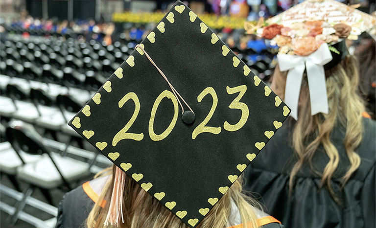 Graduation cap during Spring 2023 Commencement in May.