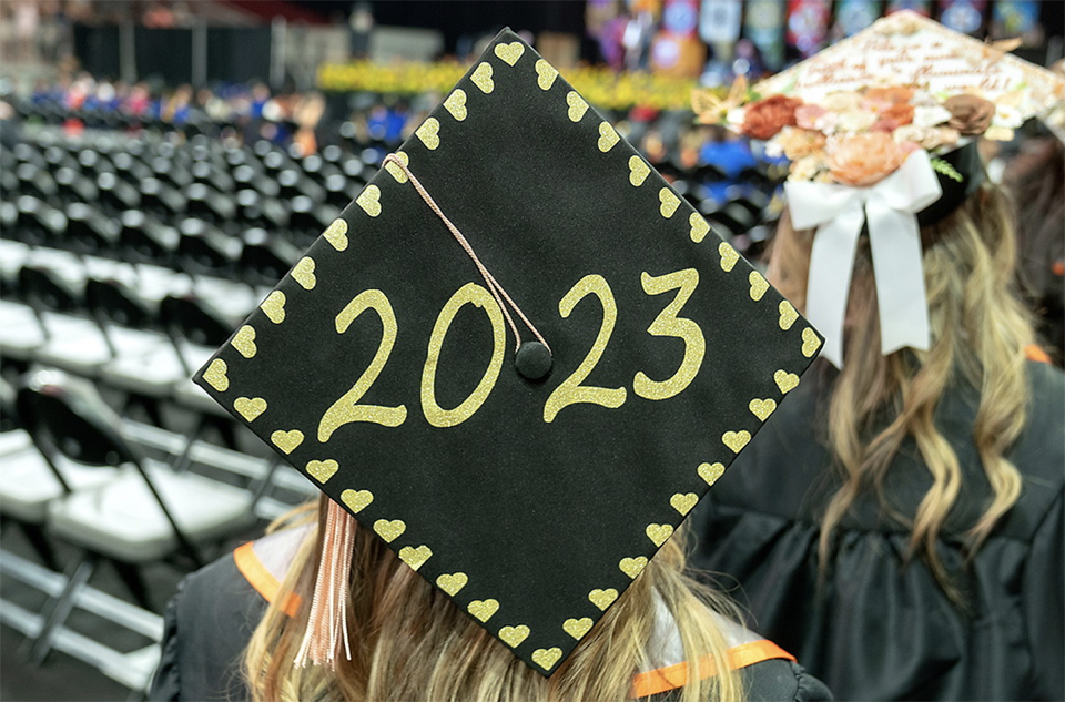 Graduation cap during Spring 2023 Commencement in May.