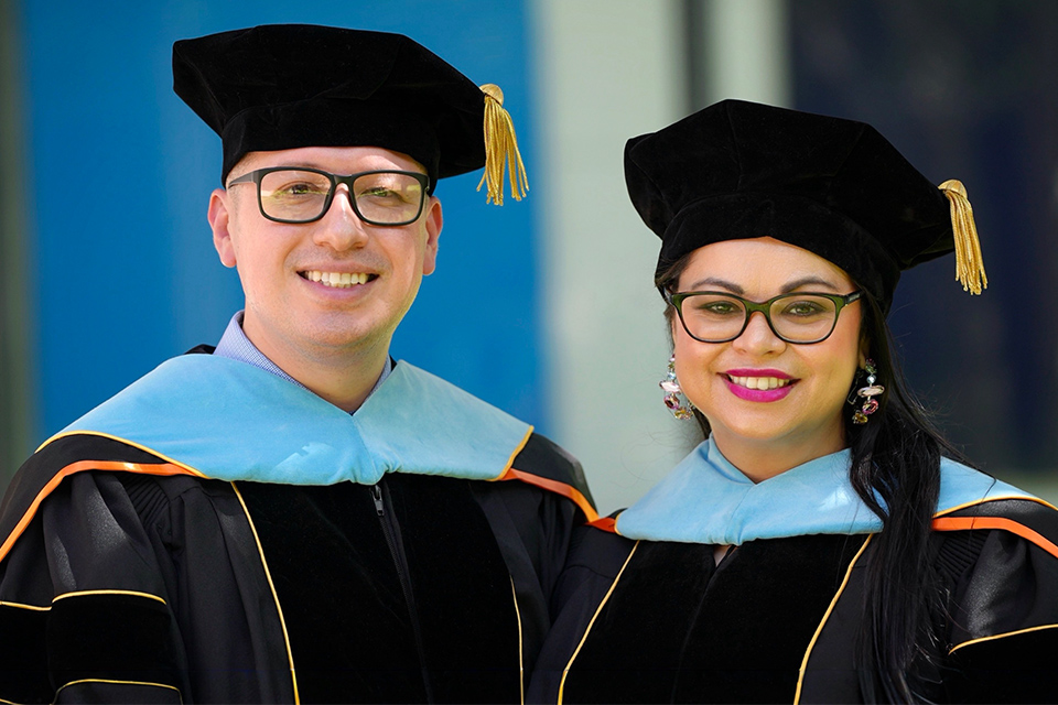 On Friday, May 16, Brenda and Luis Bocanegra will graduate together at UTRGV' s Spring 2025 Commencement at Bert Ogden Arena in Edinburg. The married couple started their educational journey to their doctorates together five years ago. 