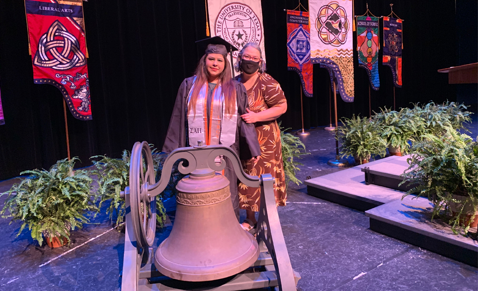 Jasmine Leija, of Brownsville, and her mother, Silvia, at the taping of the UTRGV virtual commencement. Leija was selected as one of eight women to ring the bells for the university’s various colleges and schools. (Courtesy Photo)