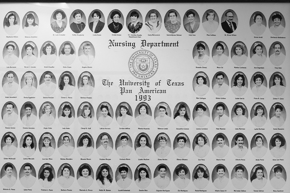 A picture frame featuring a photos of a class from the School of Nursing in 1993.