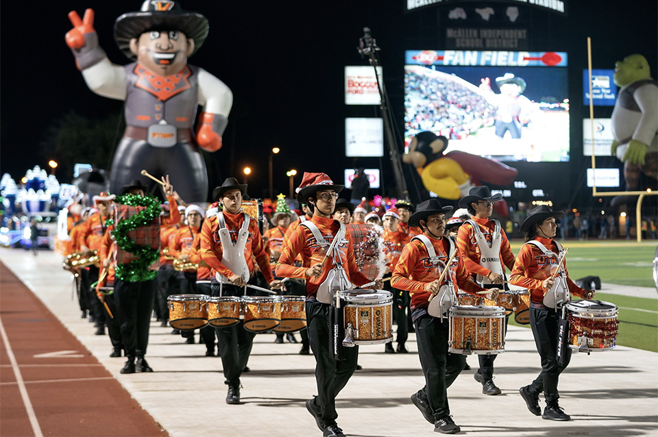 UTRGV Vaquero Marching Band at McAllen Holiday Parade in December 2023.