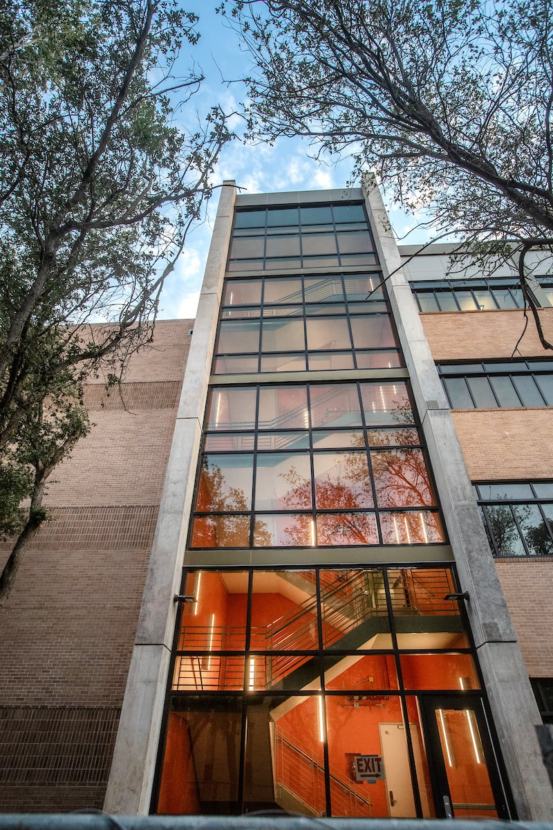 New Science Building glass door entrance.