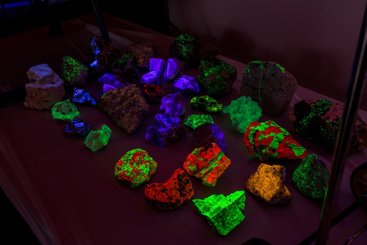 A display of rocks in a dark room with a UV light showing rocks that have properties that react to the UV light spectrum.