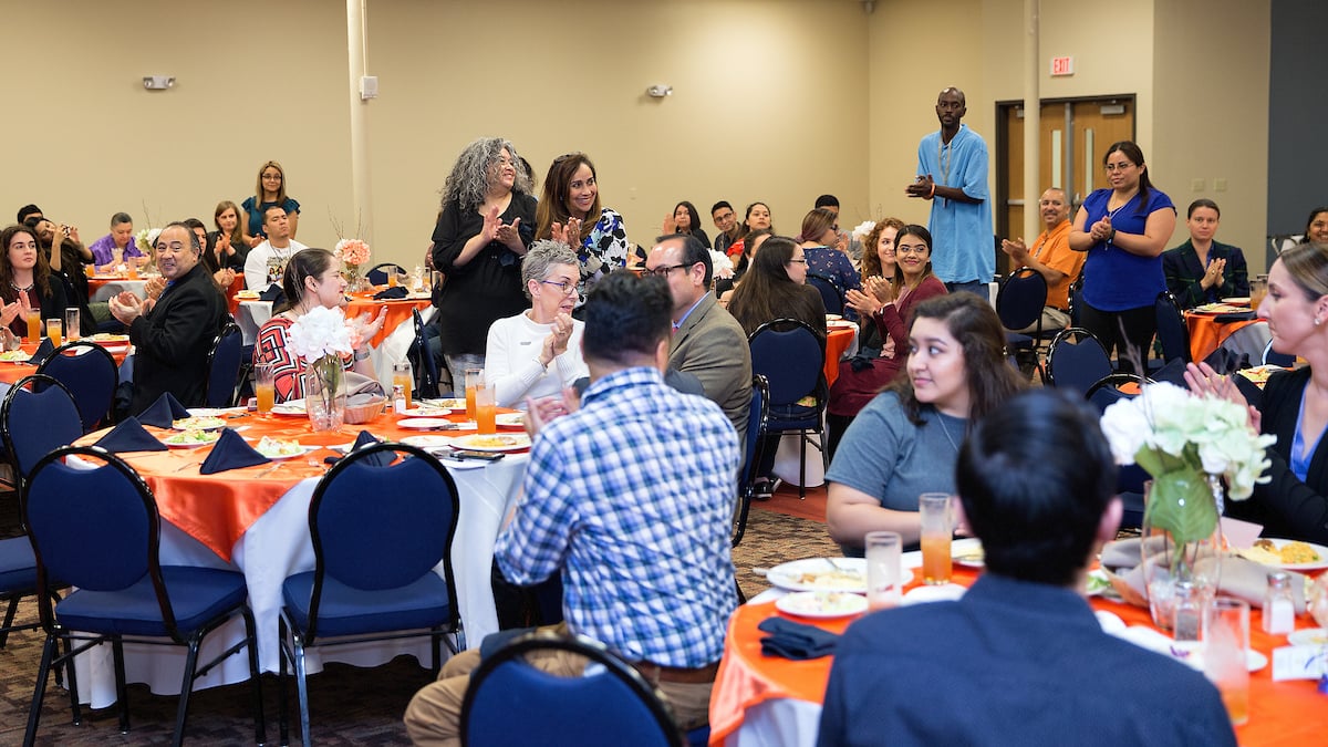 Thumbnail: UTRGV supervisor of the year nominees stand to be recognized during the awards banquet.