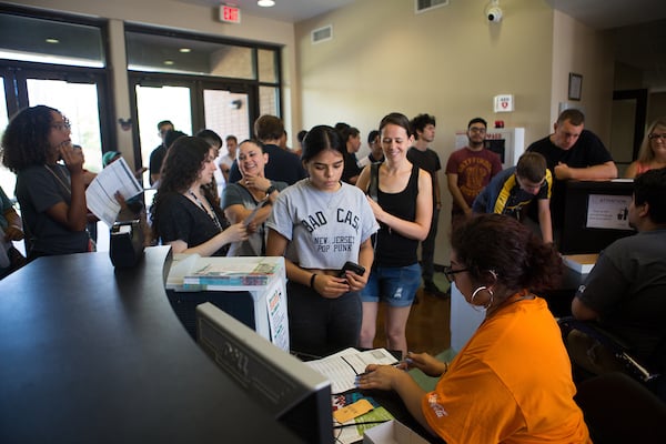 Freshman registering into the dorms at Unity Hall in Edinburg, Texas.