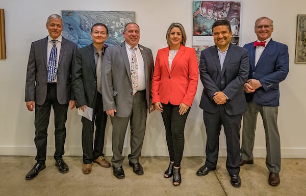 From the left: Prof Robert Gilbert, Prof. Ping Xu, Dean Steven Block, Interim Director of the Brownsville Museum of Fine Art, Deyanira Ramirez, Deputy Consul Mexican Consulate, Fernando Valdes Vicencio, Assoc. VP Dr. Dennis Hart.