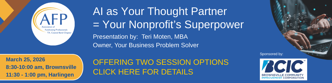 AFP nonprofit learning sessions, March 25, 2026.  Click here for more details.  
