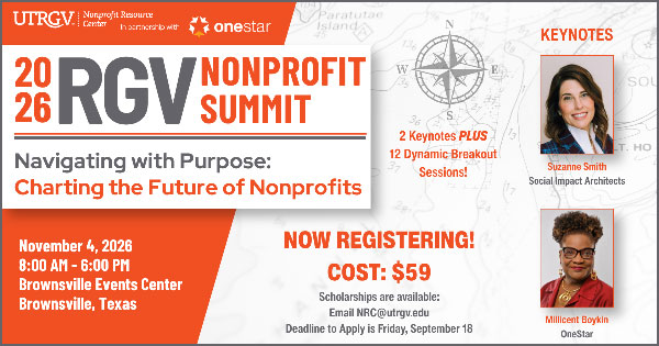 ad for the rgv nonprofit summit displaying the date, location, time, and two keynote speaker photos.