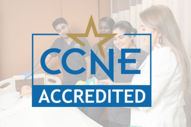 CCNE logo with blurred image in the background of nursing students and directing faculty.