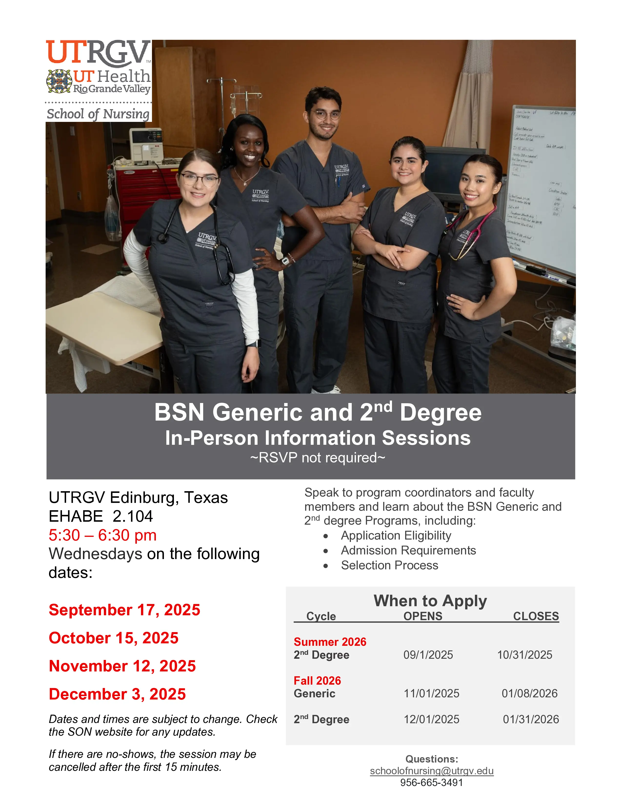 Flyer promoting upcoming information session dates, with students in medical scrubs shown at the top.