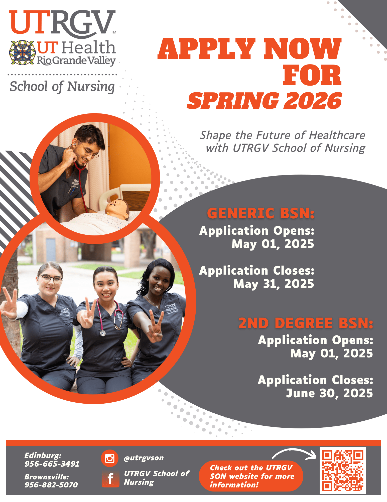 Flyer with nursing students reading Apply now for Spring 2026 in bold letter.