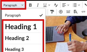 Locate heading under Format dropdown in Brightspace text editor.