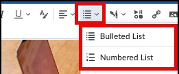 Lists found in Brightspace text editor under Lists dropdown