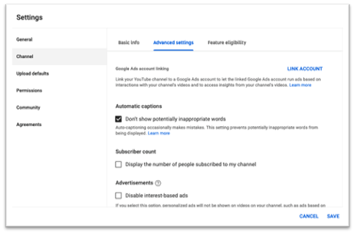 YouTube Channel Settings