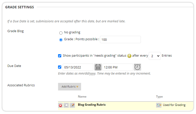 Blog Grade Settings