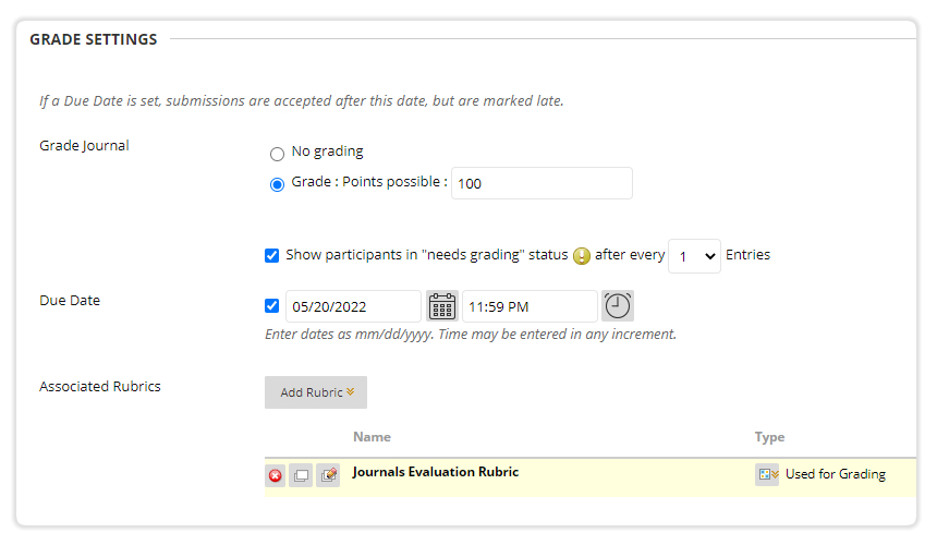 Journal Grade Settings