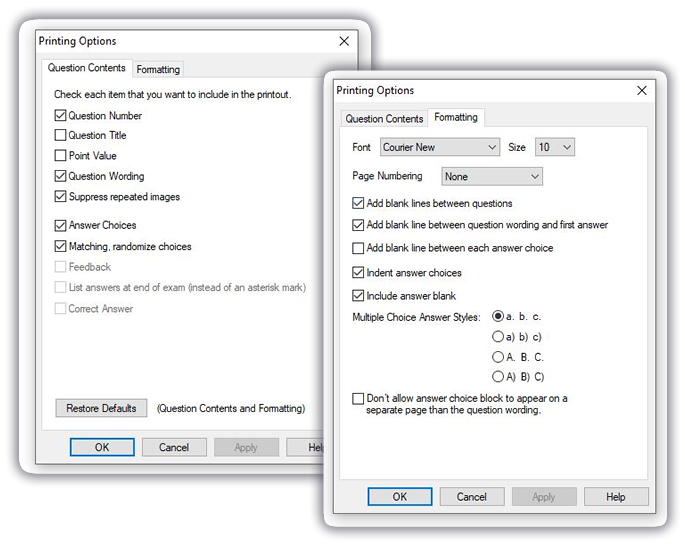 Formatting and printing options