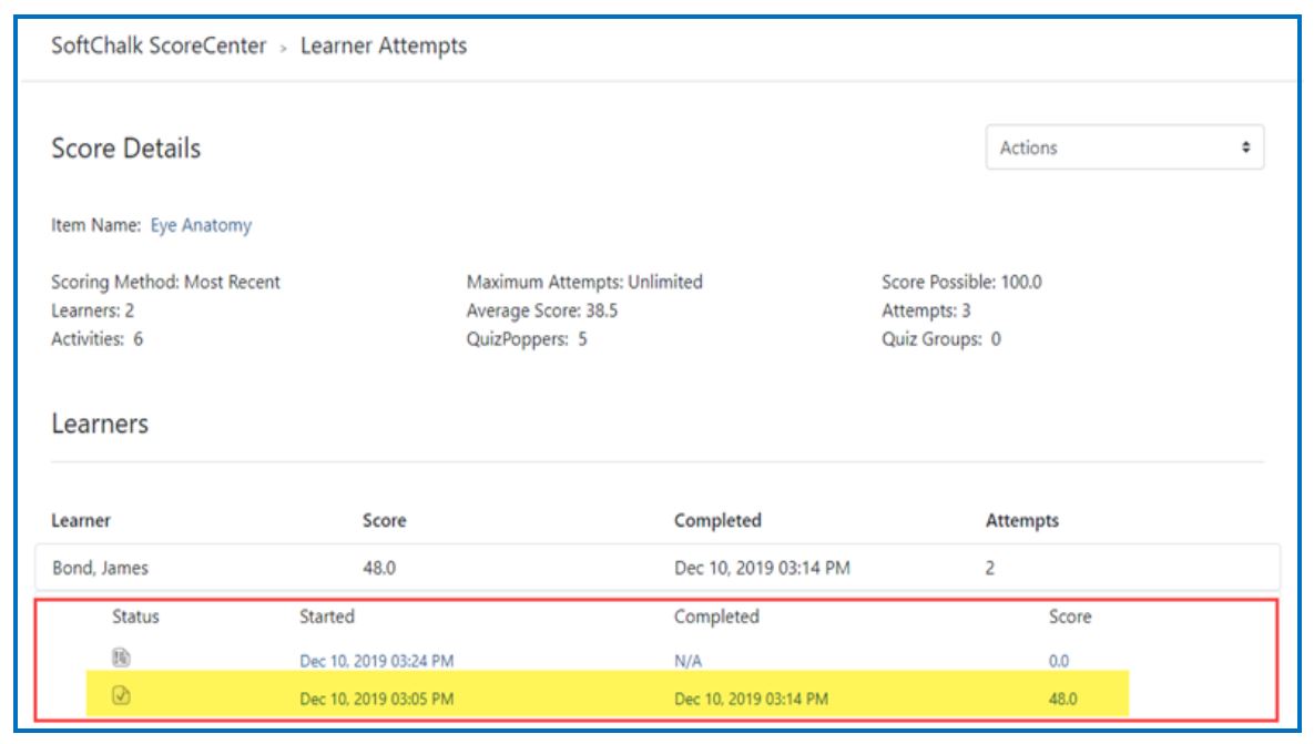 Learner attempts listed