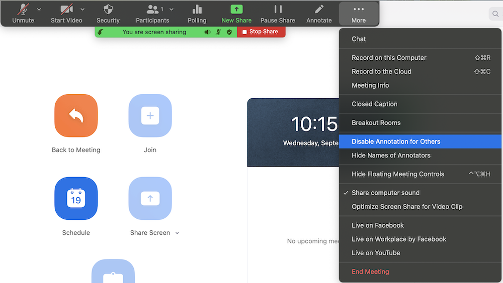 Zoom screen sharing more menu with Disable Annotations highlighted. 