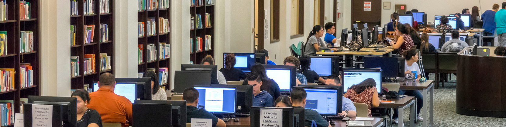Students using the computers at the Brownsville Campus library.