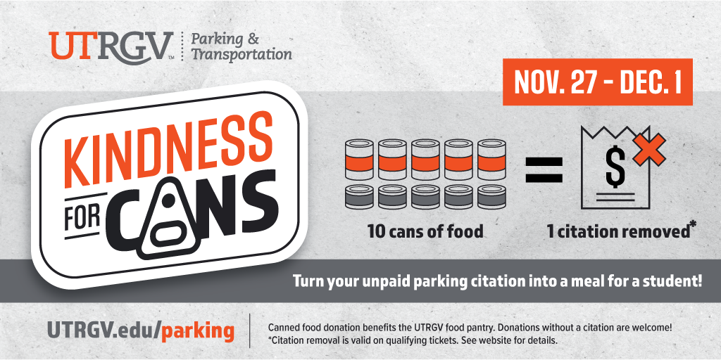 Kindness for Cans. Turn your unpaid parking citations into a meal for a student! Nov 27 to Dec 1