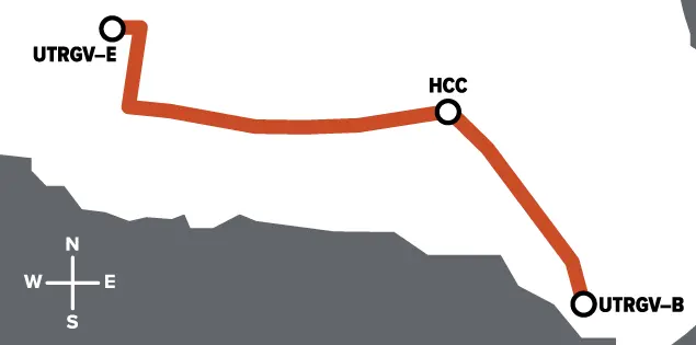 route map from UTRGV-E to HCC to UTRGV-B