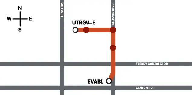 route map from UTRGV-E to EVABL