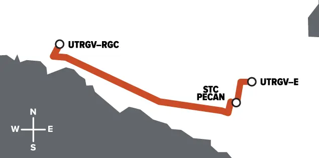 route map from UTRGV-RGC to STC Pecan to UTRGV-E