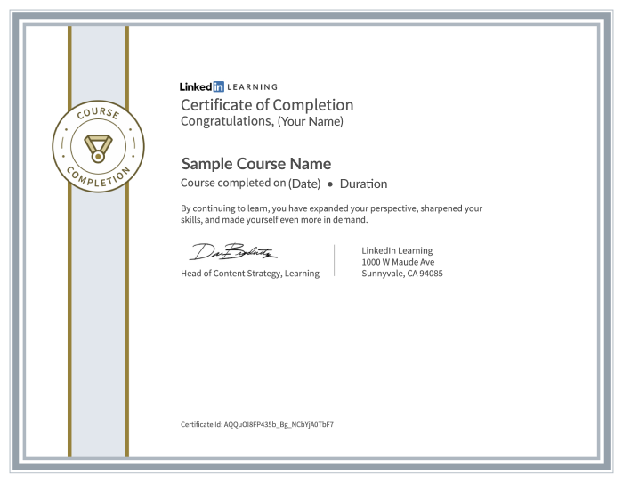 LinkedIn Learning Certificate Example