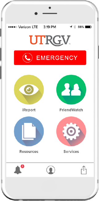 Campus Shield UTRGV mobile app with a button labeled "Emergency" and four other buttons labeled iReport, FriendWatch, Resources, and Services
