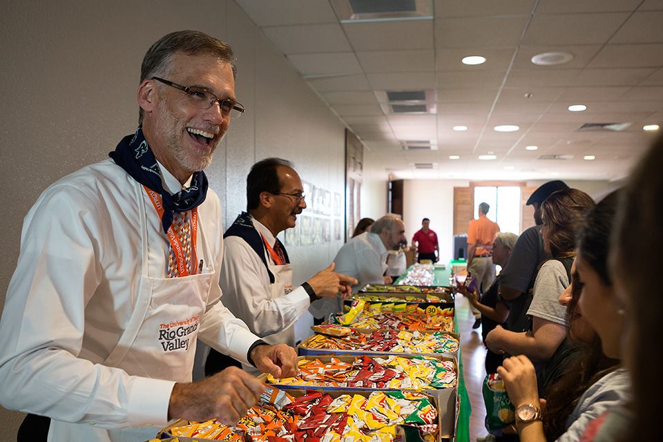 Martin Baylor, UTRGV Executive VP for Finance and Administration, talks with students at Picnic With the President on Thursday, Sep. 3, 2015 at El Gran Salon in Brownsville, Texas. UTRGV photo by Paul Chouy