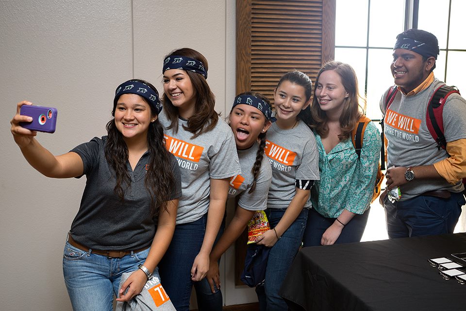 UTRGV students take selfie together during Picnic With the President on Thursday, Sep. 3, 2015 at El Gran Salon in Brownsville, Texas. UTRGV photo by Paul Chouy