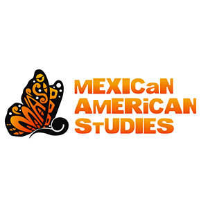 Graphic element for UTRGV's Mexican American Studies. The graphic contains a monarch butterfly on the left that has various Aztec-like design elements and the letters "MAS" within the wings next to the words "Mexican American Studies" done in a gradient similar to that of a monarch butterfly.