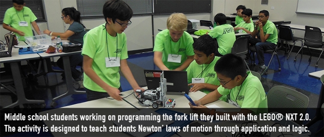 Middle School Students Working on programming the fork lift they built with the LEgo NXT 2.0. The activity is designed to teach students Newton's laws of motion through application and logic.