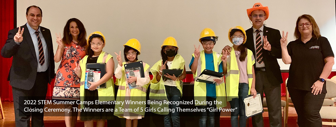 2022 STEM Summer Camps Elementary Winners Being Recognized During the Closing Ceremony. The Winners are a Team of 5 Girls Calling Themselves “Girl Power”