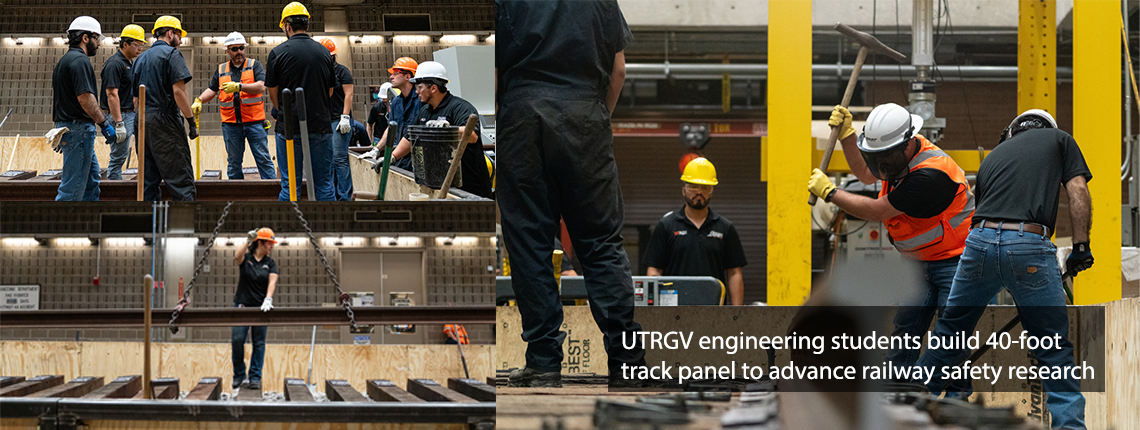 UTRGV engineering students build 40-foot track panel to advance railway safety research